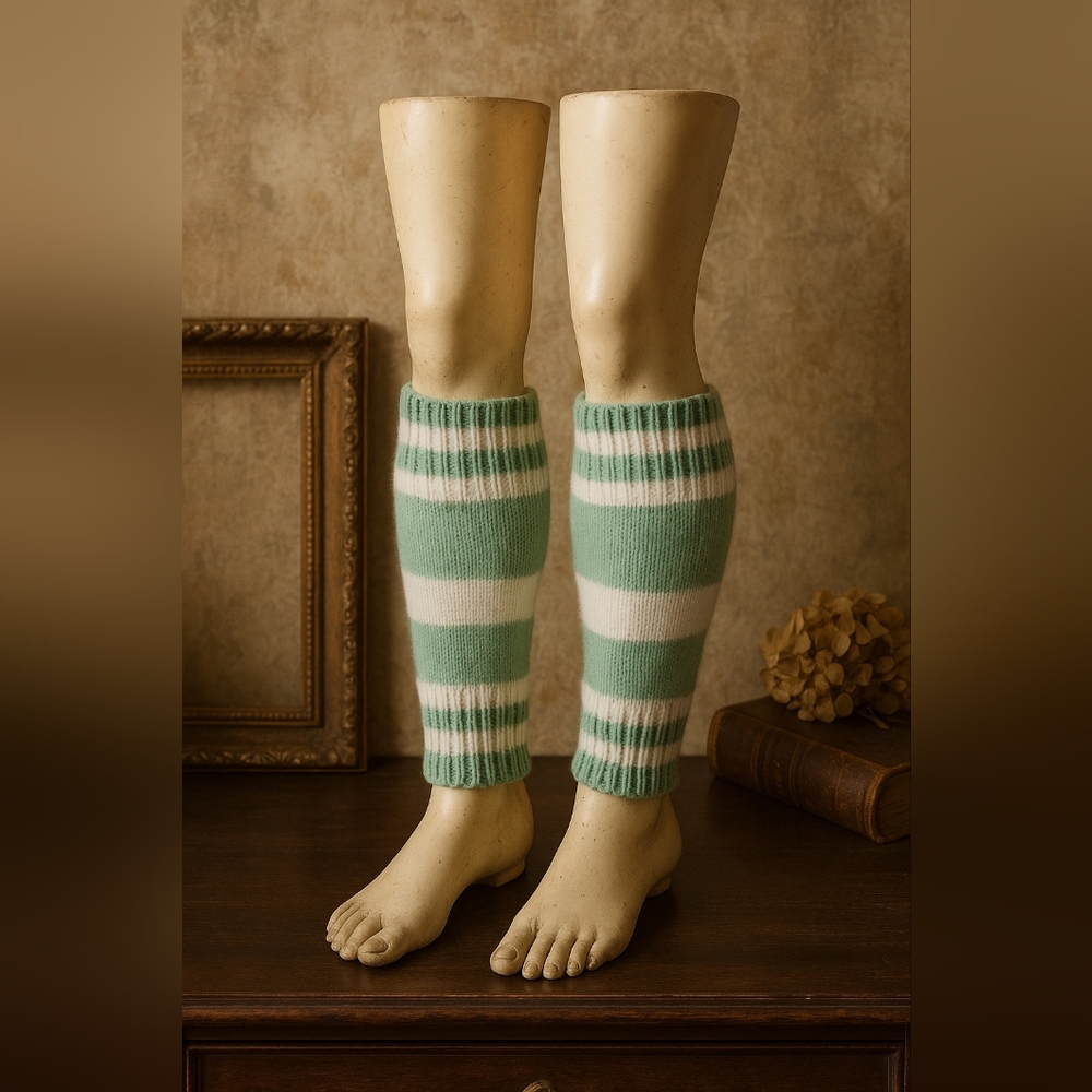 Vintage Handknit Striped Leg Warmers – Mint Green & Cream